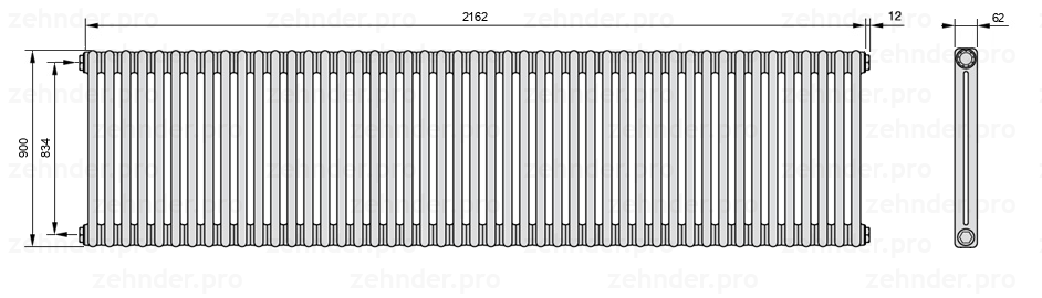 Схема (чертеж) Радиатор Zehnder Charleston 2090/47 №1270 Белый глянцевый RAL 9016